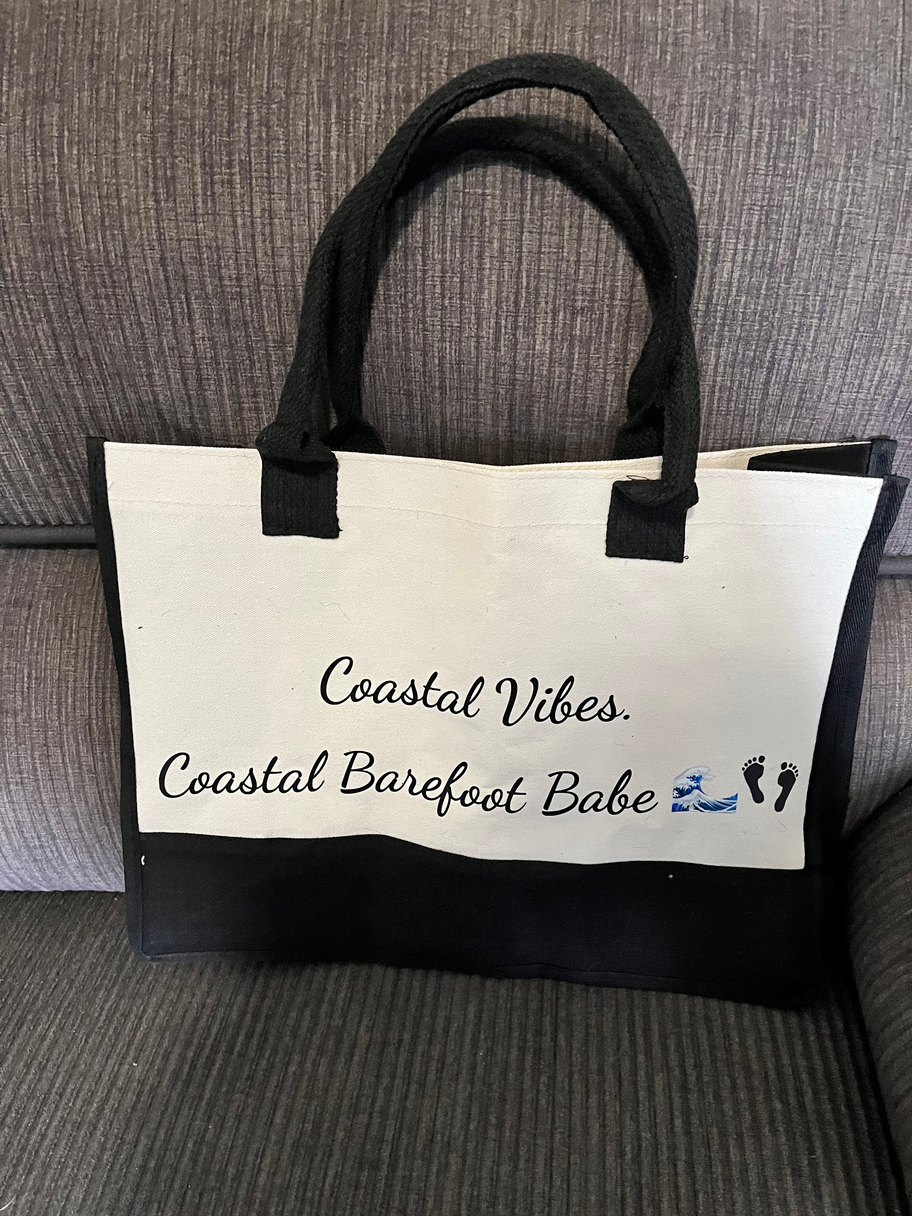 “Coastal Vibes””Coastal Barefoot Babe” Canvas Tote Bag | Beach Life Shopper | Ocean souls essential Carry all 