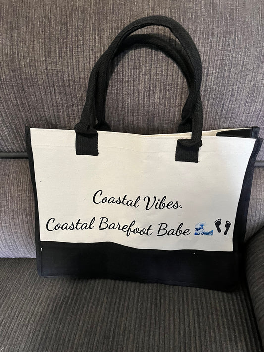 “Coastal Vibes. Coastal Barefoot Babe” Canvas Tote Bag|Beach Life Shopper | Ocean Soul Essentials Carry all